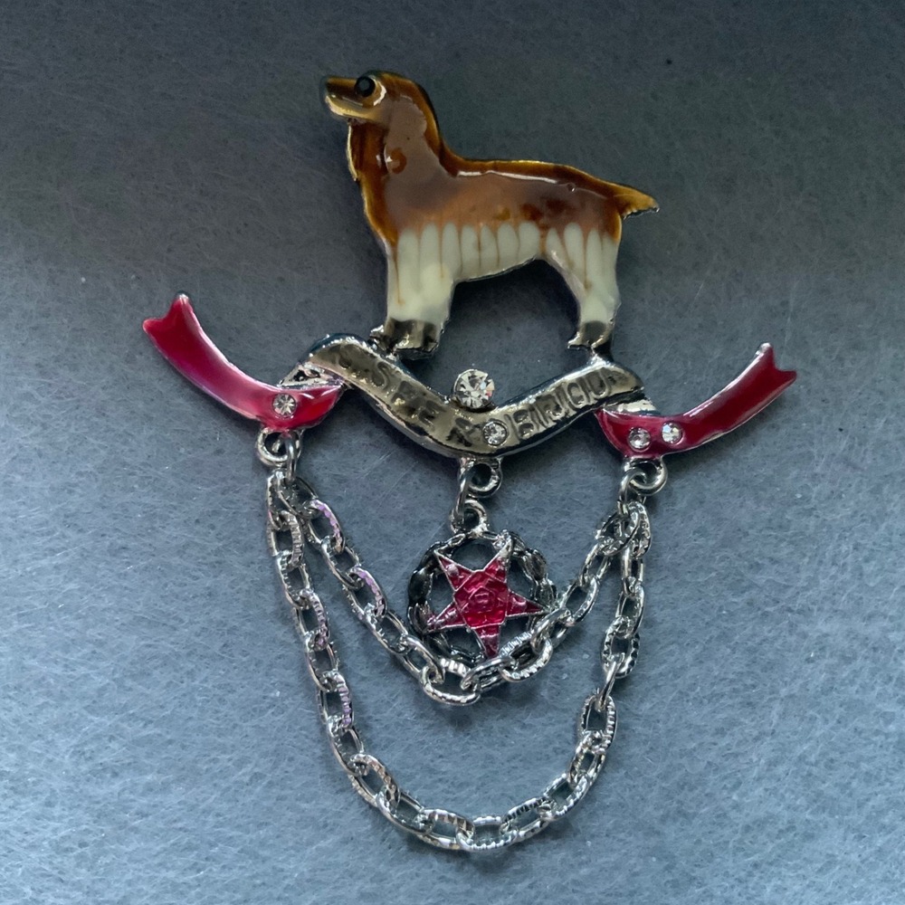 Vintage Style Enamel Dog Brooch Silver Tone Chain Dangle Red Star Spaniel Pin